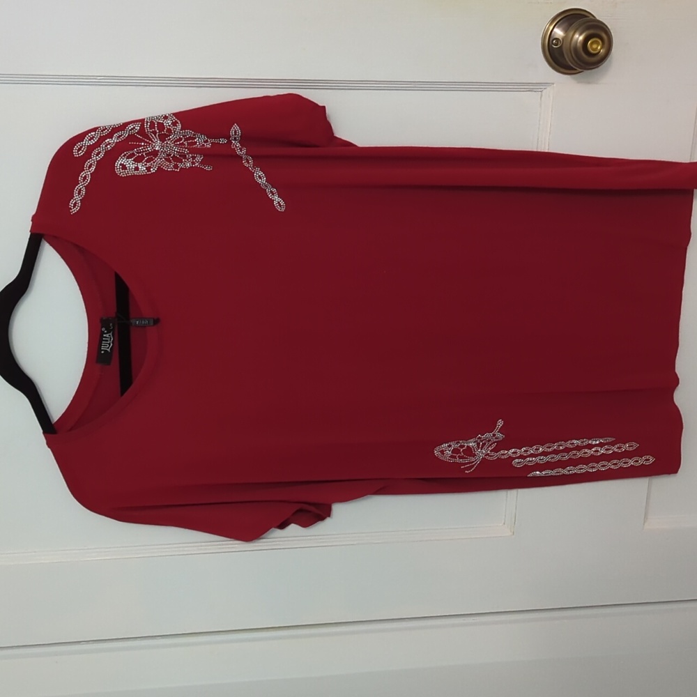 Julia Sz L/XL Red Short Sleeve Shirt with Silver Sparkling Beaded Butterflies